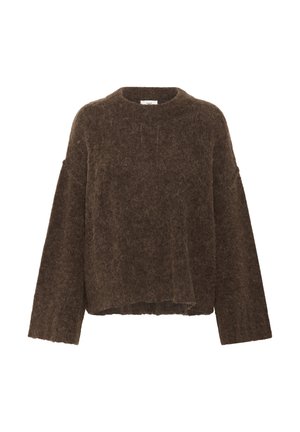 Brauner, gestrickter Pullover mit einer strukturierten, flauschigen Oberfläche. Verfügt über einen runden Halsausschnitt und weite Ärmel, der verkürzte Saum verleiht ihm einen modernen Touch.