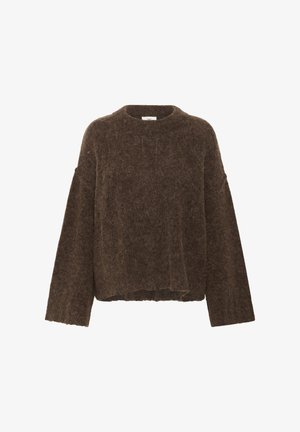 Rjav, pleten pulover z teksturirano, puhasto površino. Ima okroglo izrezano ovratnik in široke rokave, skrajšan rob pa doda sodoben pridih.