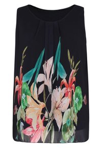 Ärmlös blus i marinblått med livfull blommönster i rosa, grönt och orange, med en plisserad halsringning och mjuk textur.