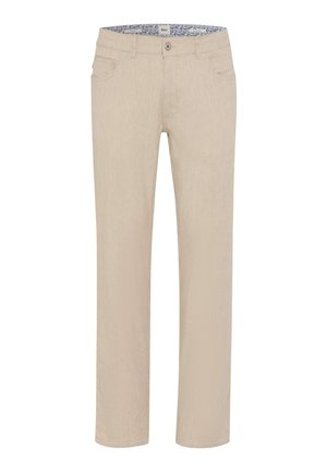Beige gerade geschnittene Hose mit Fronttaschen, Gürtelschlaufen, Knopfverschluss und bedrucktem Blumenfutter am inneren Bund.