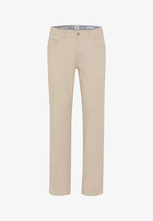 Beige gerade geschnittene Hose mit Fronttaschen, Gürtelschlaufen, Knopfverschluss und bedrucktem Blumenfutter am inneren Bund.