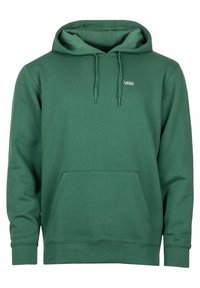 Sudadera con capucha verde confeccionada en tela suave. Cuenta con un bolsillo frontal y cordones ajustables. Presenta un pequeño logo blanco en el pecho.