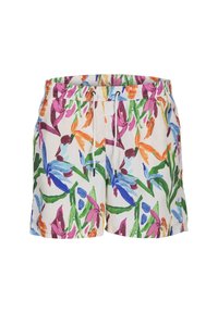 Bloemige zwembroek van lichtgewicht stof, met een multikleurig abstract bloemenpatroon op een crèmekleurige achtergrond. Met trekkoord in de taille.
