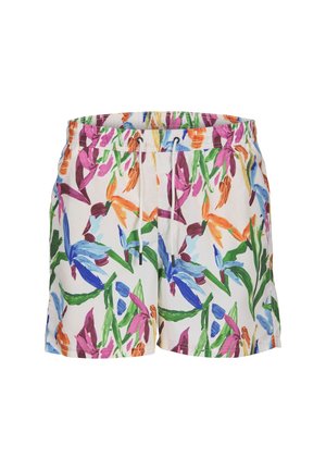 Bloemige zwembroek van lichtgewicht stof, met een multikleurig abstract bloemenpatroon op een crèmekleurige achtergrond. Met trekkoord in de taille.