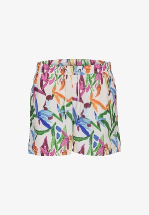 Bloemige zwembroek van lichtgewicht stof, met een multikleurig abstract bloemenpatroon op een crèmekleurige achtergrond. Met trekkoord in de taille.