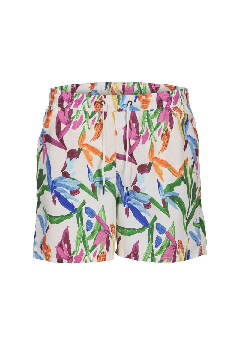 Bloemige zwembroek van lichtgewicht stof, met een multikleurig abstract bloemenpatroon op een crèmekleurige achtergrond. Met trekkoord in de taille.