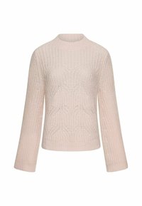 Helles rosa Strickpullover mit langen Ärmeln und einem subtilen Zickzackmuster auf der Vorderseite, ausgestattet mit einem runden Halsausschnitt.