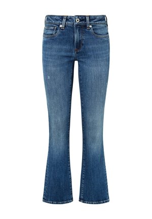 Denim flared jeans in medium blue with a faded finish. Features five pockets, belt loops, and contrast stitching along seams.