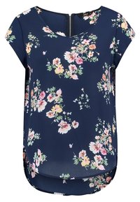 Haut floral marine à manches courtes, avec un col rond et une fermeture éclair au dos. Le tissu a une texture lisse avec un motif de fleurs vif.