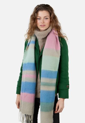 Wool scarf featuring horizontal stripes in pastel colors (pink, blue, green, beige), with fringed ends, draped around a figure.