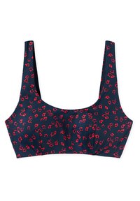 Navy blue bikini top with a floral pattern featuring small red flowers. It has wide straps and a smooth, stretchy fabric.