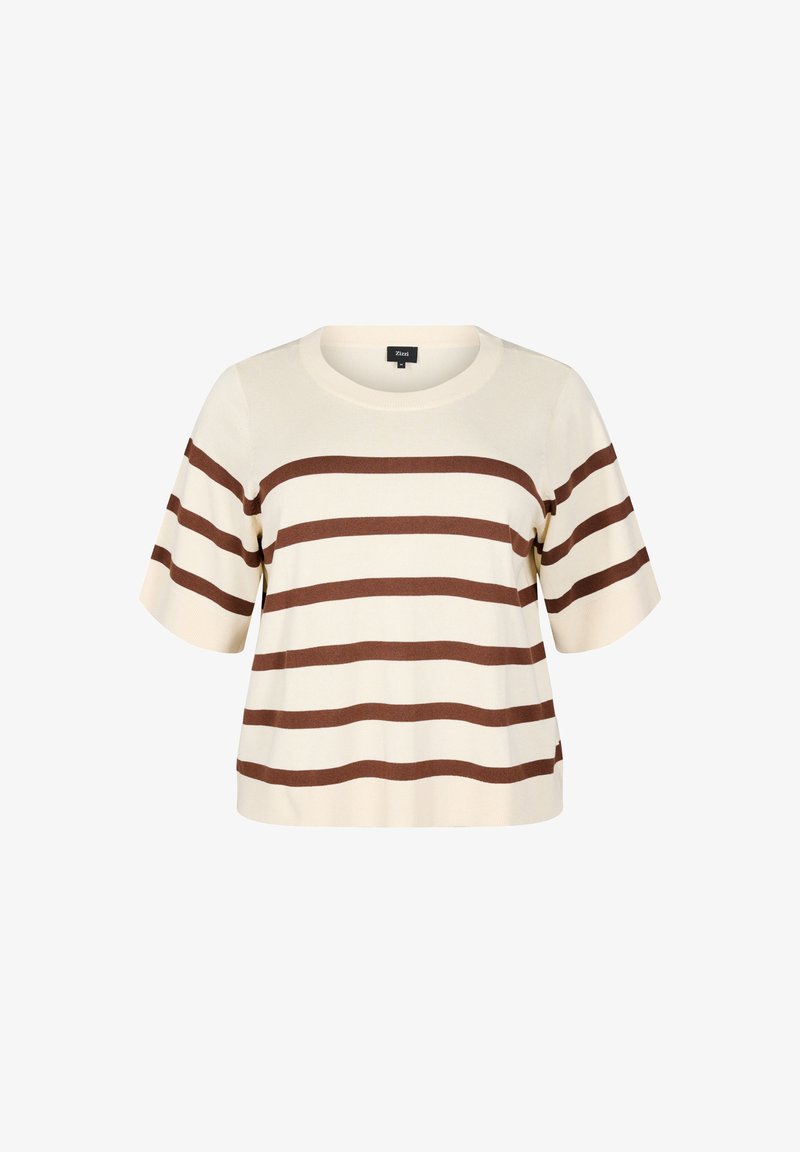 Cremfarbener Kurzarm-Top mit horizontalen braunen Streifen. Verfügt über einen runden Halsausschnitt und eine lockere Passform. Weicher Strickstoff.
