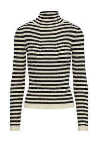 Sweter z długim rękawem i golfem z prążkowanej tkaniny w czarne i kremowe poziome paski. Posiada dopasowany krój oraz kontrastujące mankiety.