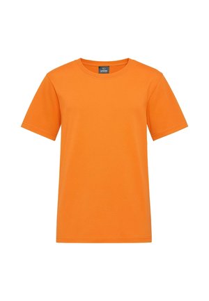 Maglietta a maniche corte di colore arancione brillante, realizzata in cotone, con colletto rotondo e una texture liscia e uniforme. Nessun motivo o dettaglio visibile.