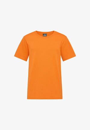Maglietta a maniche corte di colore arancione brillante, realizzata in cotone, con colletto rotondo e una texture liscia e uniforme. Nessun motivo o dettaglio visibile.