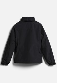 Veste noire légère à manches longues, poignets élastiques, col montant et poches latérales zippées, vue de dos sur fond blanc.