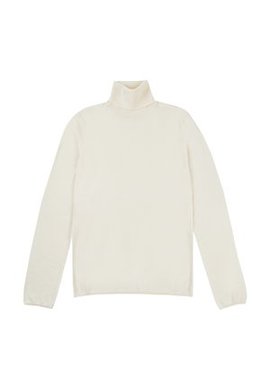 Pull à col roulé de couleur crème, fabriqué en tricot doux, doté de manches longues et d'un design minimaliste polyvalent.