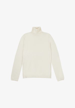 Cremfarbener Rollkragenpullover aus weichem Strickmaterial, mit langen Ärmeln und einem vielseitigen, minimalistischen Design.