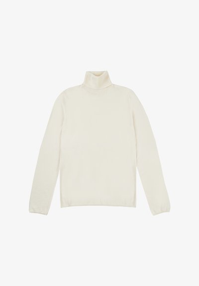 Crèmekleurige coltrui gemaakt van zacht breimateriaal, met lange mouwen en een veelzijdig, minimalistisch ontwerp.