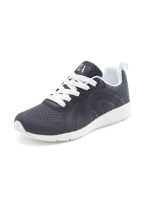 Dark gray knit athletic shoe with white laces and sole, low-cut design, and pull tab on the heel, facing left on white background.