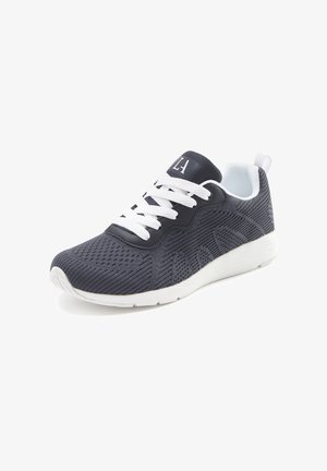 Dark gray knit athletic shoe with white laces and sole, low-cut design, and pull tab on the heel, facing left on white background.