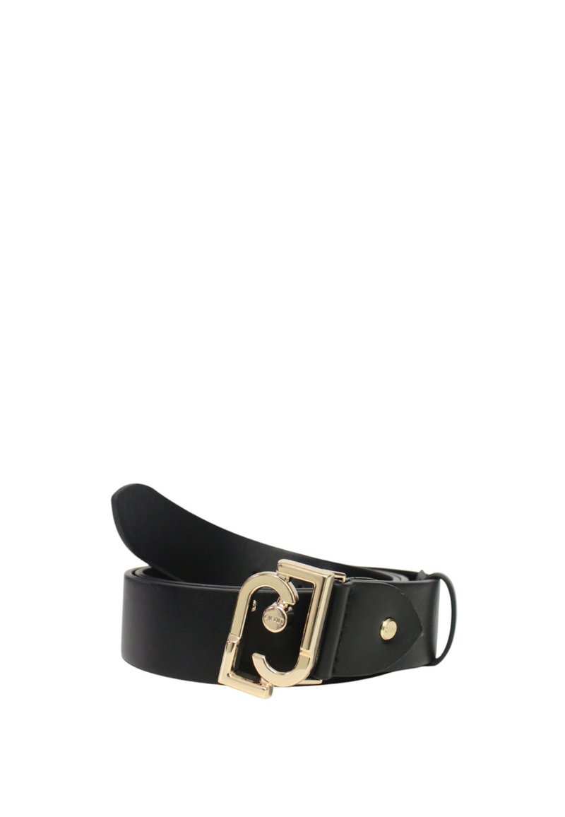 Cintura in pelle nera con una fibbia rettangolare in tono oro caratterizzata da un design distintivo. Texture liscia, materiale resistente e forma classica.