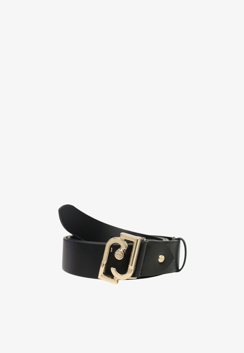 Cintura in pelle nera con una fibbia rettangolare in tono oro caratterizzata da un design distintivo. Texture liscia, materiale resistente e forma classica.
