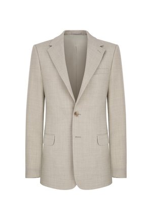 Beżowa marynarka z teksturowanej tkaniny, z klapami w typie notch, zapięcie na jeden guzik oraz dwiema kieszeniami z przodu. Slim fit z delikatnym wzorem w kratę.