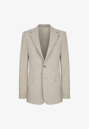 Beżowa marynarka z teksturowanej tkaniny, z klapami w typie notch, zapięcie na jeden guzik oraz dwiema kieszeniami z przodu. Slim fit z delikatnym wzorem w kratę.