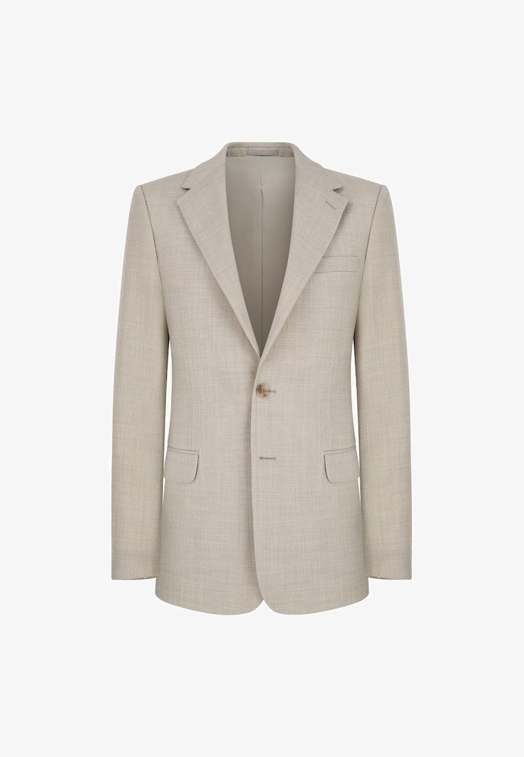 Beżowa marynarka z teksturowanej tkaniny, z klapami w typie notch, zapięcie na jeden guzik oraz dwiema kieszeniami z przodu. Slim fit z delikatnym wzorem w kratę.