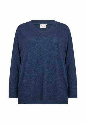 Tumši zila garlaicīga V veida kakla blūze ar teksturētu rakstu. Mīksts materiāls, brīvs piegriezums un uzraksts redzams apkakles daļā.