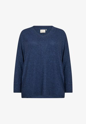 Tumši zila garlaicīga V veida kakla blūze ar teksturētu rakstu. Mīksts materiāls, brīvs piegriezums un uzraksts redzams apkakles daļā.