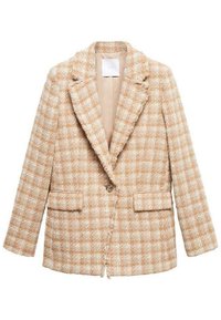Blazer pour femme à carreaux beige et blanc avec fermeture simple par un bouton, revers crantés et deux poches avant à rabat.