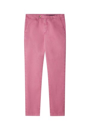 Rosa Chinohosen aus Baumwolle mit flacher Vorderseite, zwei Seitentaschen und einer einzelnen Gesäßtasche. Mit Knopfverschluss und Gürtelschlaufen.