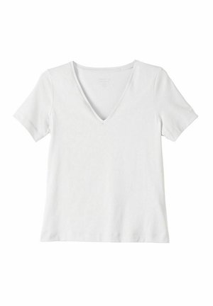 Valkoinen lyhythihainen V-pääntiellä varustettu t-paita, joka on valmistettu pehmeästä kankaasta. Paita on sileätekoinen ja puhdas muotoilultaan, ilman näkyviä kuvioita tai yksityiskohtia.