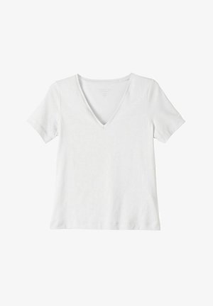 Hvid kortærmet V-hals t-shirt lavet af blødt stof, med en glat tekstur og et rent design uden synlige mønstre eller detaljer.