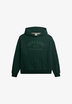 Green hooded sweatshirt with front pocket; features "SUPERDRY N.Y.C. Athletic Essentials" logo in a lighter green font. Soft texture.