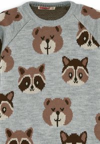 Gestrickter grauer Kinderpullover mit wiederholtem Muster aus braunen Bären- und Waschbärgesichtern, rundem Ausschnitt und Größenlabel 5Y.