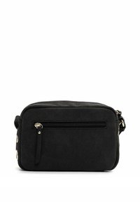 Borsa a tracolla in camoscio nero con chiusura a zip, tasca frontale con zip e dettagli in metallo color oro. Forma rettangolare con texture liscia.