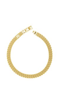 Guldkedja med en flexibel, länkad design, en mjuk textur och en säker låsning. Den övergripande färgen är ljus guldkulör.