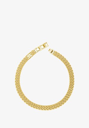 Złoty naszyjnik w formie łańcucha z elastycznym, ogniwowym wzorem o gładkiej fakturze oraz bezpiecznym zapięciem. Ogólny kolor to jasny, żółty złoto.