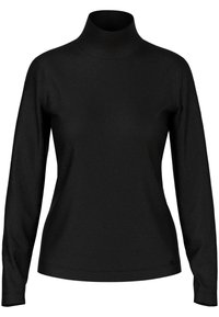 Schwarzer Rollkragenpullover mit langen Ärmeln, aus einem glatten, dehnbaren Stoff gefertigt. Hat eine taillierte Silhouette und ein minimales Logo-Detail am Saum.