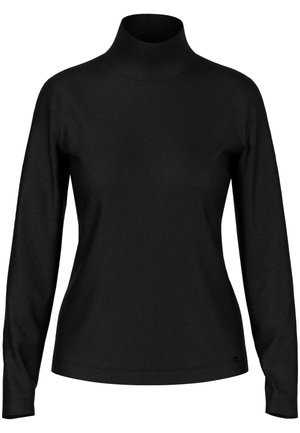 Black turtleneck sweater with long sleeves, made of a smooth, stretchy fabric. Features a fitted silhouette and minimal logo detail at the hem.