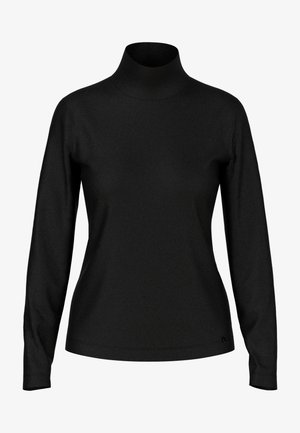 Schwarzer Rollkragenpullover mit langen Ärmeln, aus einem glatten, dehnbaren Stoff gefertigt. Hat eine taillierte Silhouette und ein minimales Logo-Detail am Saum.