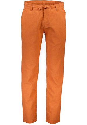 Pantalon décontracté orange brûlé avec taille élastique et cordon de serrage, coupe droite, poches avant et passants de ceinture.