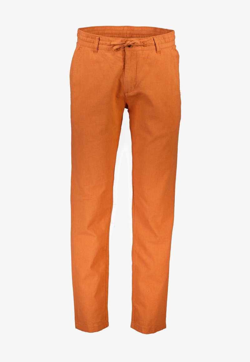 Pantalon décontracté orange brûlé avec taille élastique et cordon de serrage, coupe droite, poches avant et passants de ceinture.