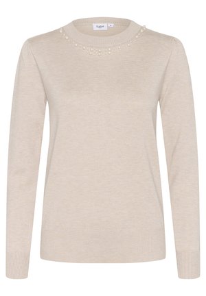 Beige tröja med rund hals, ribbade ärmslut och nederkant, med en pärlprydnad längs halsringningen. Tillverkad av mjukt, slätt material.