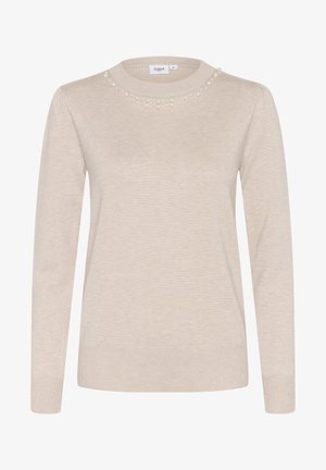 Beige pulóver kerek nyakkal, bordás mandzsettával és szegéllyel, a nyaknál gyöngy díszítéssel. Puha, sima anyagból készült.