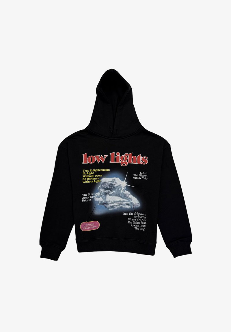 Black hoodie featuring a graphic print with text "low lights." Design includes abstract imagery and various statements in white and pink.