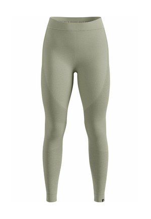 High-waisted leggings in light green, textured fabric with ribbed pattern, featuring curved side panels and a logo on the waistband.